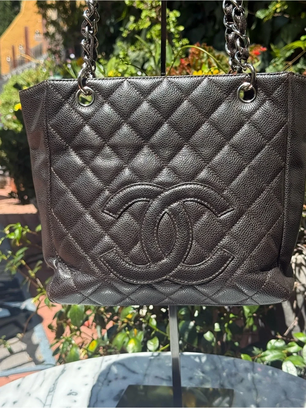 Chanel Vintage Espresso Brown Caviar Leather Quilted Petite Shopping Tote W/ CC